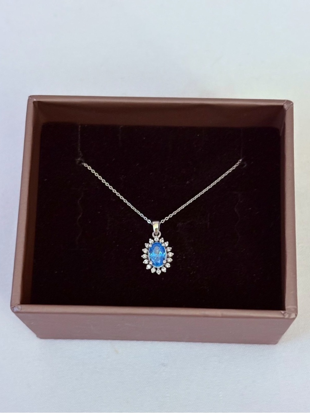 Blue Topaz Oval Necklace 14K Solid White Gold with Real Diamond Halo